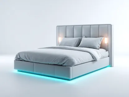Cama doble tapizada 200x160x115cm - gris claro - para dormitorio - diseño moderno con iluminación LED