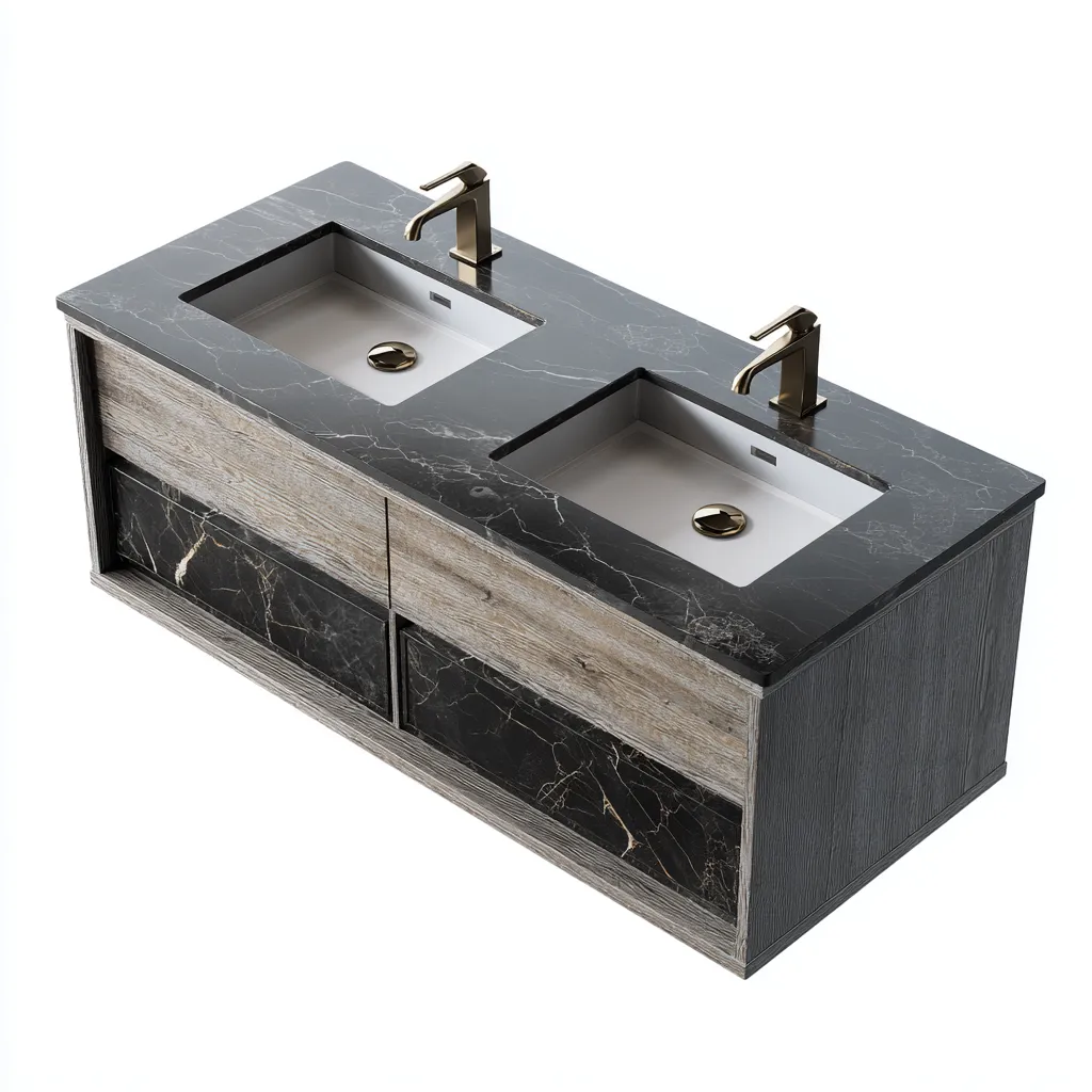 Mobile lavabo doppio in MDF 140x52x85 cm - nero-legno - design moderno per bagno-Shelteroli