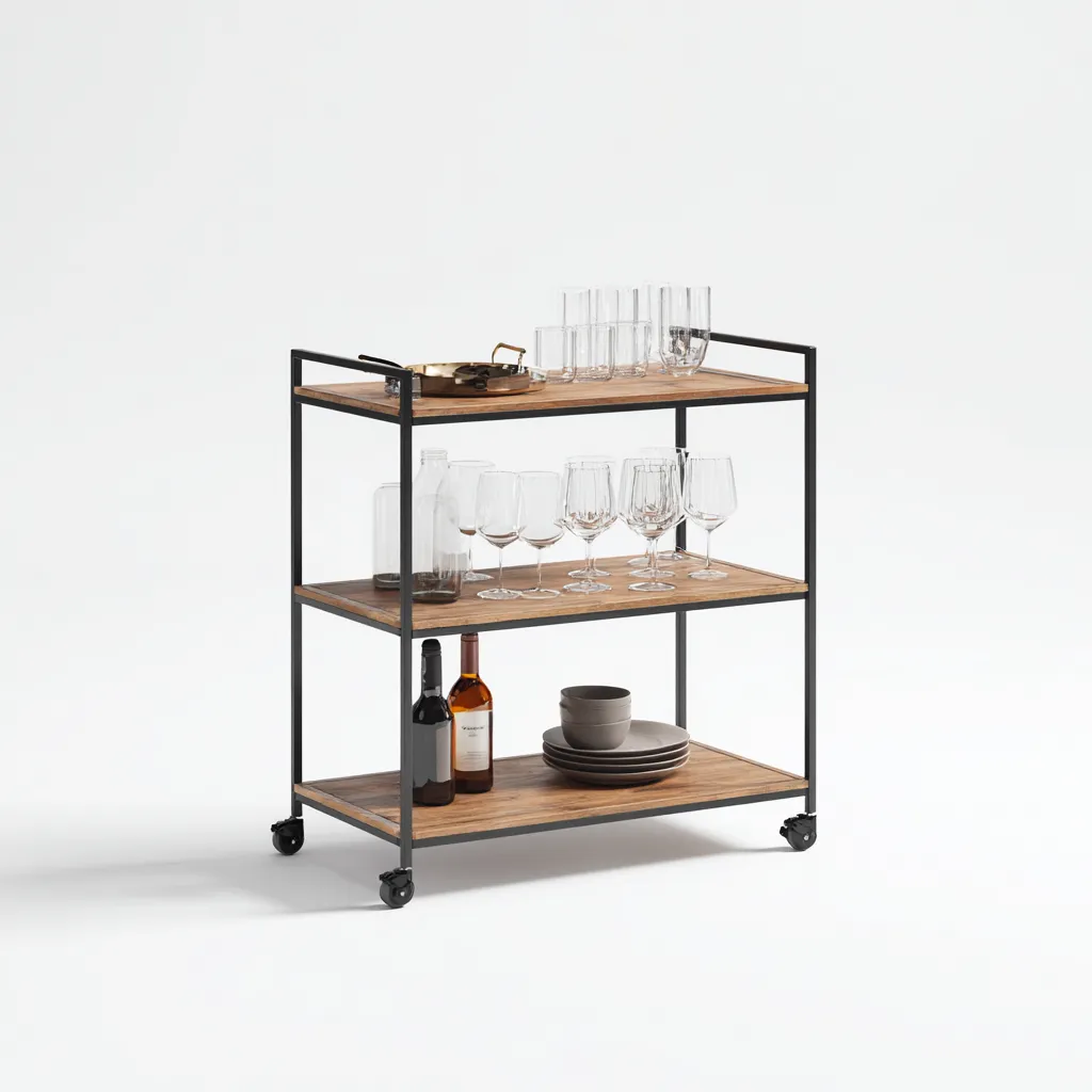 Carrello da cucina in metallo con ripiani in legno 80x40x90 cm - nero - design moderno-Shelteroli