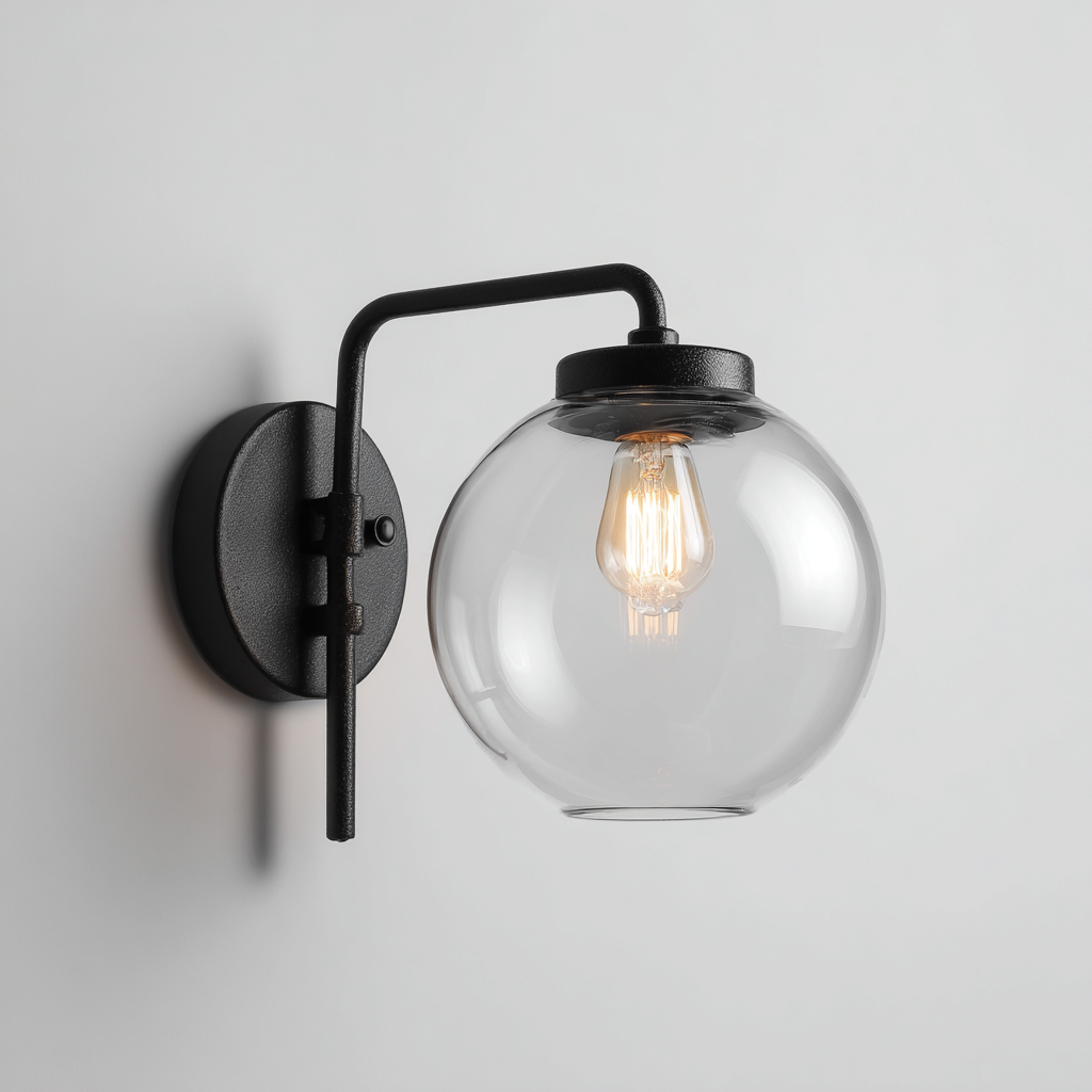 Applique in metallo con globo in vetro 18x25x28 cm - nero-trasparente - design moderno-Shelteroli
