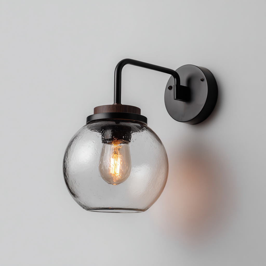 Applique in metallo con paralume sferico in vetro strutturato 18x22x30 cm - nero-trasparente - stile moderno-Shelteroli