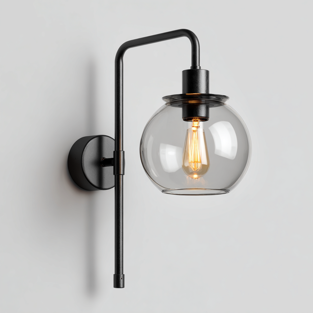 Applique in metallo con paralume sferico in vetro 17x20x32 cm - nero-trasparente - stile moderno-Shelteroli