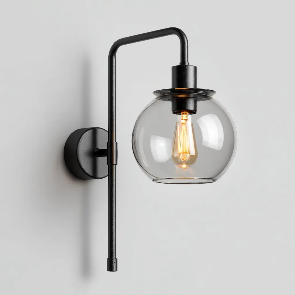 Applique in metallo con paralume sferico in vetro 17x20x32 cm - nero-trasparente - stile moderno-Shelteroli