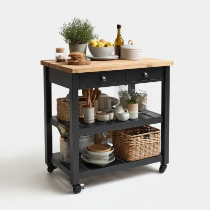 Carrello da cucina in legno e metallo 75x50x90 cm - nero - piano in legno massiccio-Shelteroli