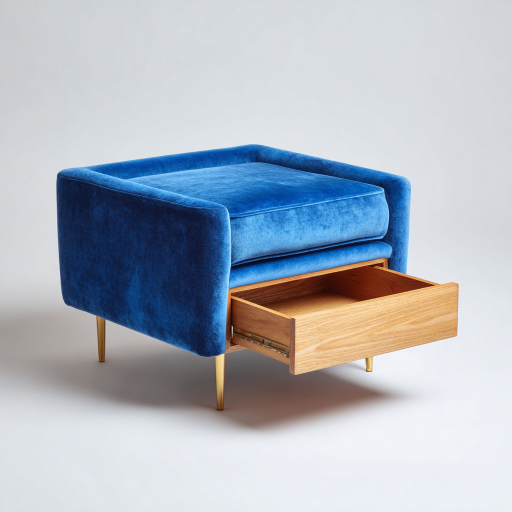 Pouf Velluto 60x50x45 cm - Blu-Oro-Legno - Design multifunzionale-Shelteroli