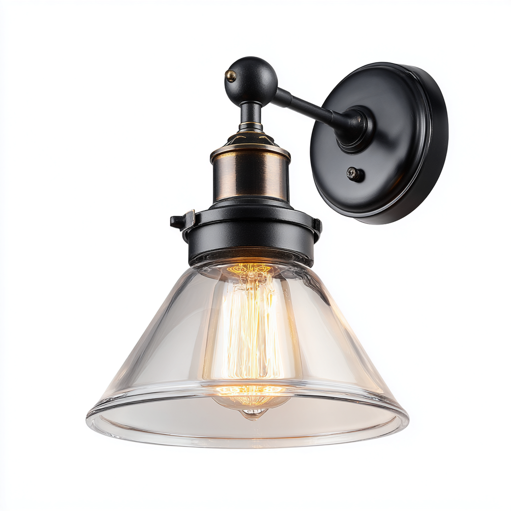 Applique in metallo con paralume in vetro trasparente 18x20x25 cm - nero-trasparente - design industriale-Shelteroli