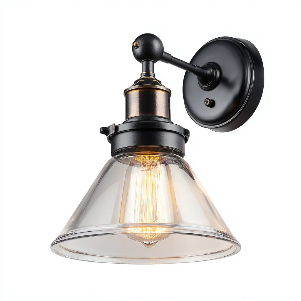 Applique in metallo con paralume in vetro trasparente 18x20x25 cm - nero-trasparente - design industriale-Shelteroli