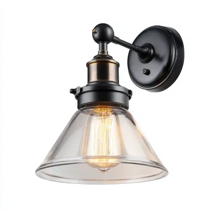 Applique in metallo con paralume in vetro trasparente 18x20x25 cm - nero-trasparente - design industriale-Shelteroli