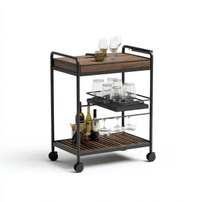 Carrello da cucina in metallo con ripiani in legno e portabicchieri 82x40x86 cm - nero - design moderno-Shelteroli