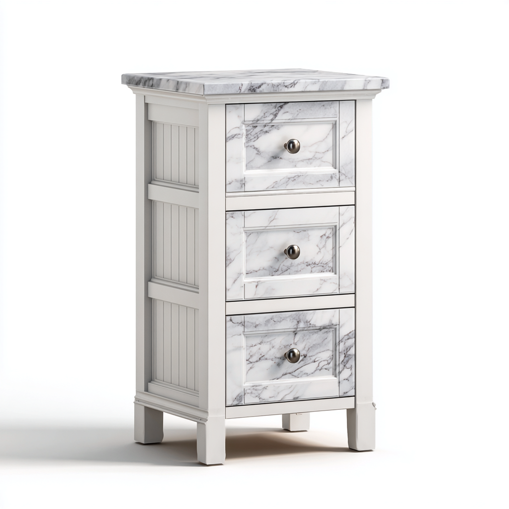 Armadio bagno in MDF 40x30x85 cm - bianco - design con cassetti effetto marmo per bagno-Shelteroli