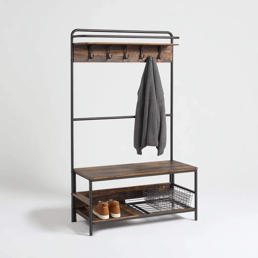 Attaccapanni Metallo-legno 100x35x170 cm - Nero-legno - Stile industriale-Shelteroli