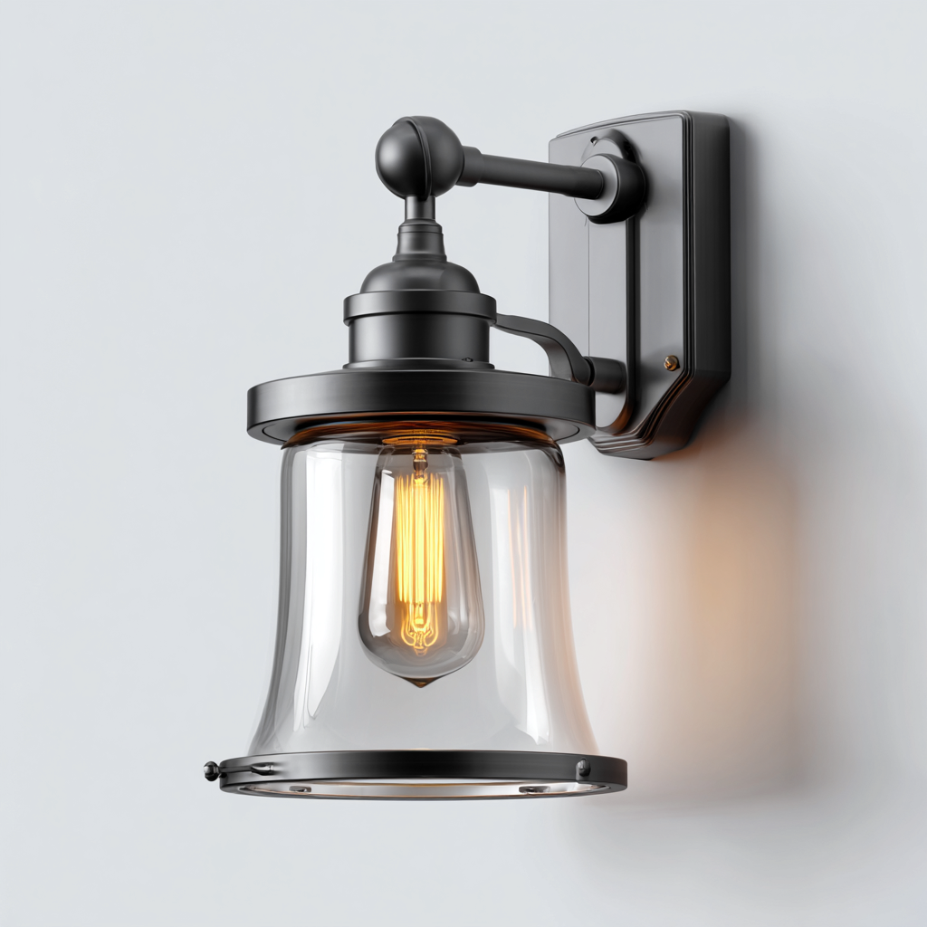 Applique in metallo con paralume in vetro trasparente 18x22x28 cm - nero-trasparente - stile industriale-Shelteroli