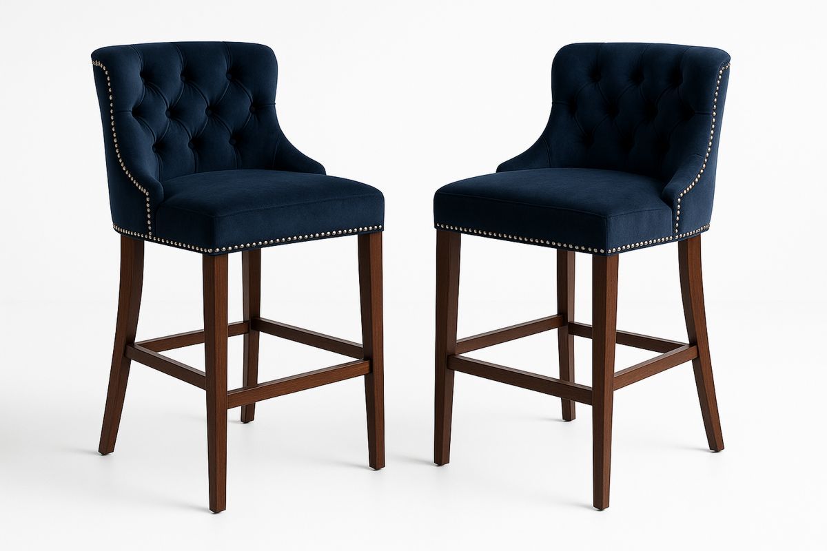 Velvet Tufted Bar Stools 2pcs Set Hardwood Legs Navy Blue-Marilenta