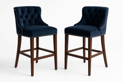 Velvet Tufted Bar Stools 2pcs Set Hardwood Legs Navy Blue-Marilenta