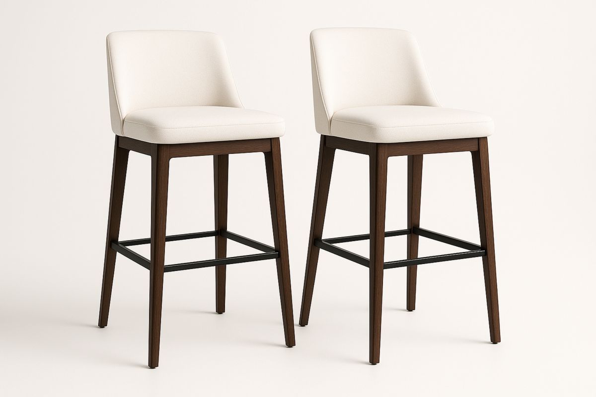 Set of 2 Bar Stools Beige Fabric Walnut Frame 102cm Height-Marilenta