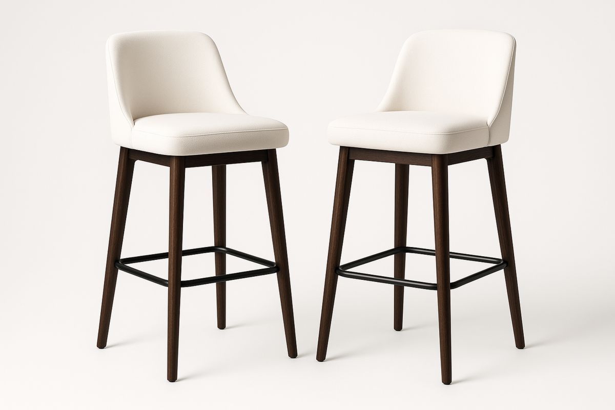 Set of 2 Beige Timber Bar Stools with Padded Seat and Backrest-Marilenta