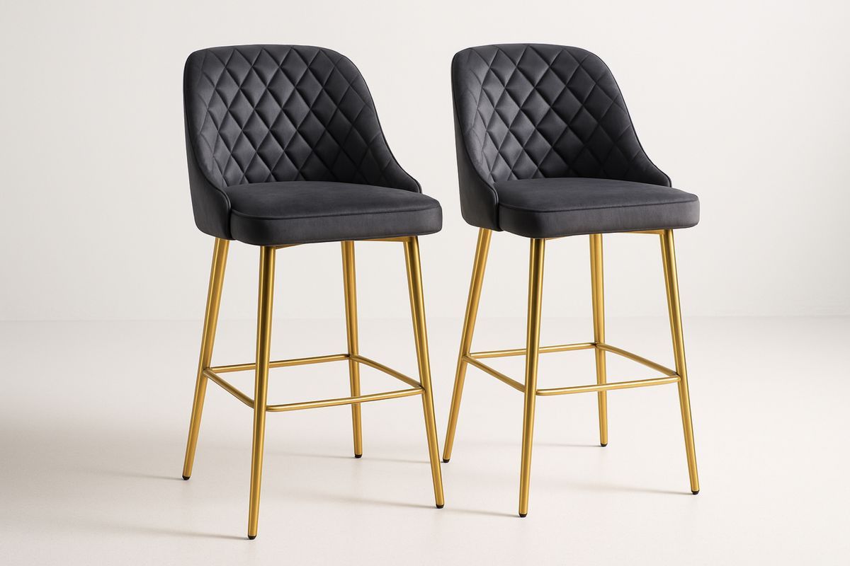 Set of 2 Black Velvet Bar Stools with Gold Metal Legs 108cm-Marilenta