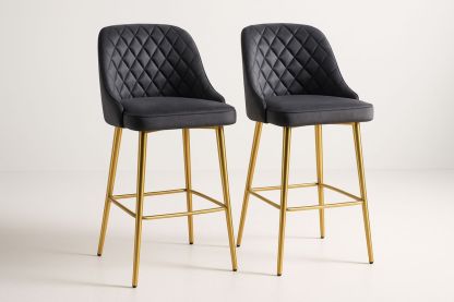 Set of 2 Black Velvet Bar Stools with Gold Metal Legs 108cm-Marilenta