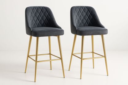 Set of 2 Grey Velvet Bar Stools with Gold Metal Legs-Marilenta