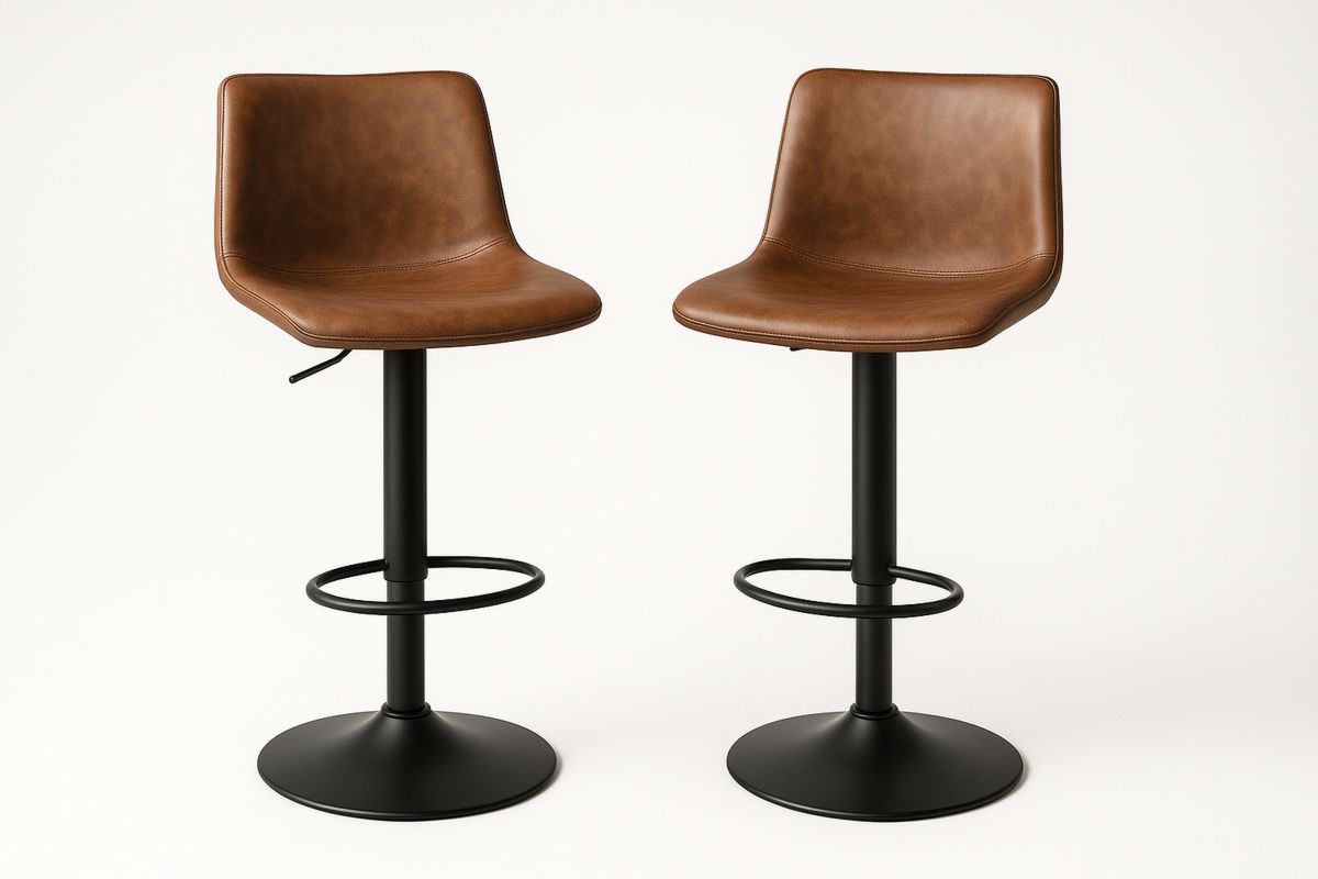 Set of 2 Brown Leather Adjustable Bar Stools with Black Metal Frame-Marilenta