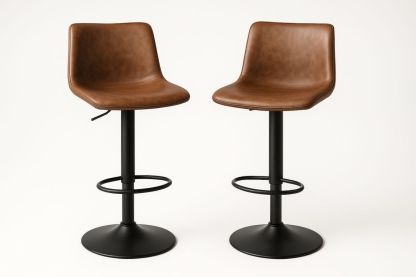 Set of 2 Brown Leather Adjustable Bar Stools with Black Metal Frame-Marilenta