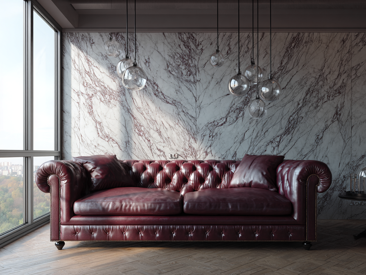 Sofá 3 plazas en cuero auténtico 235x95x80 cm - burdeos - para sala de estar - estilo clásico-Dwellingare