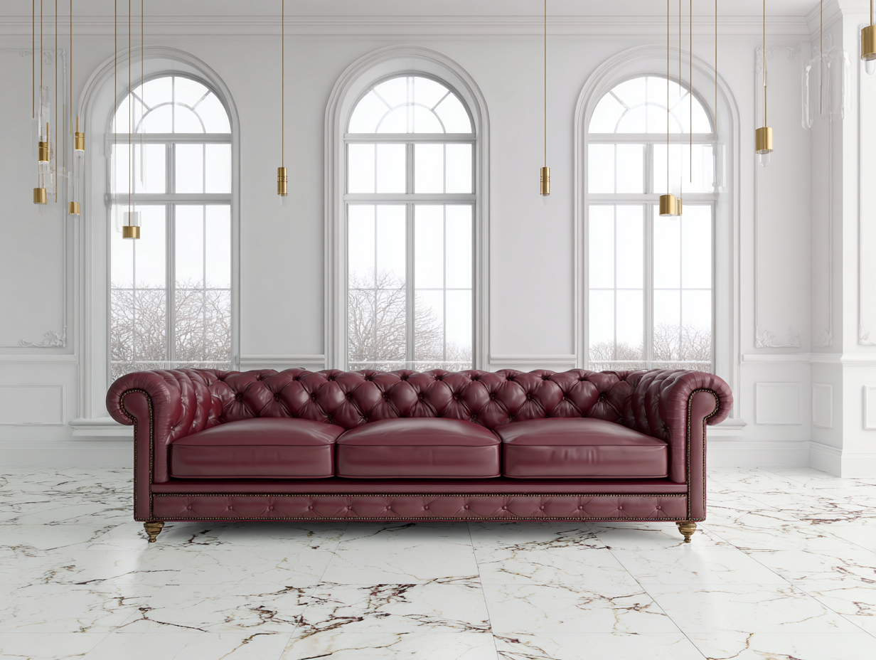 Sofá 3 plazas en cuero auténtico 230x95x80 cm - burdeos - para sala de estar - estilo clásico-Dwellingare