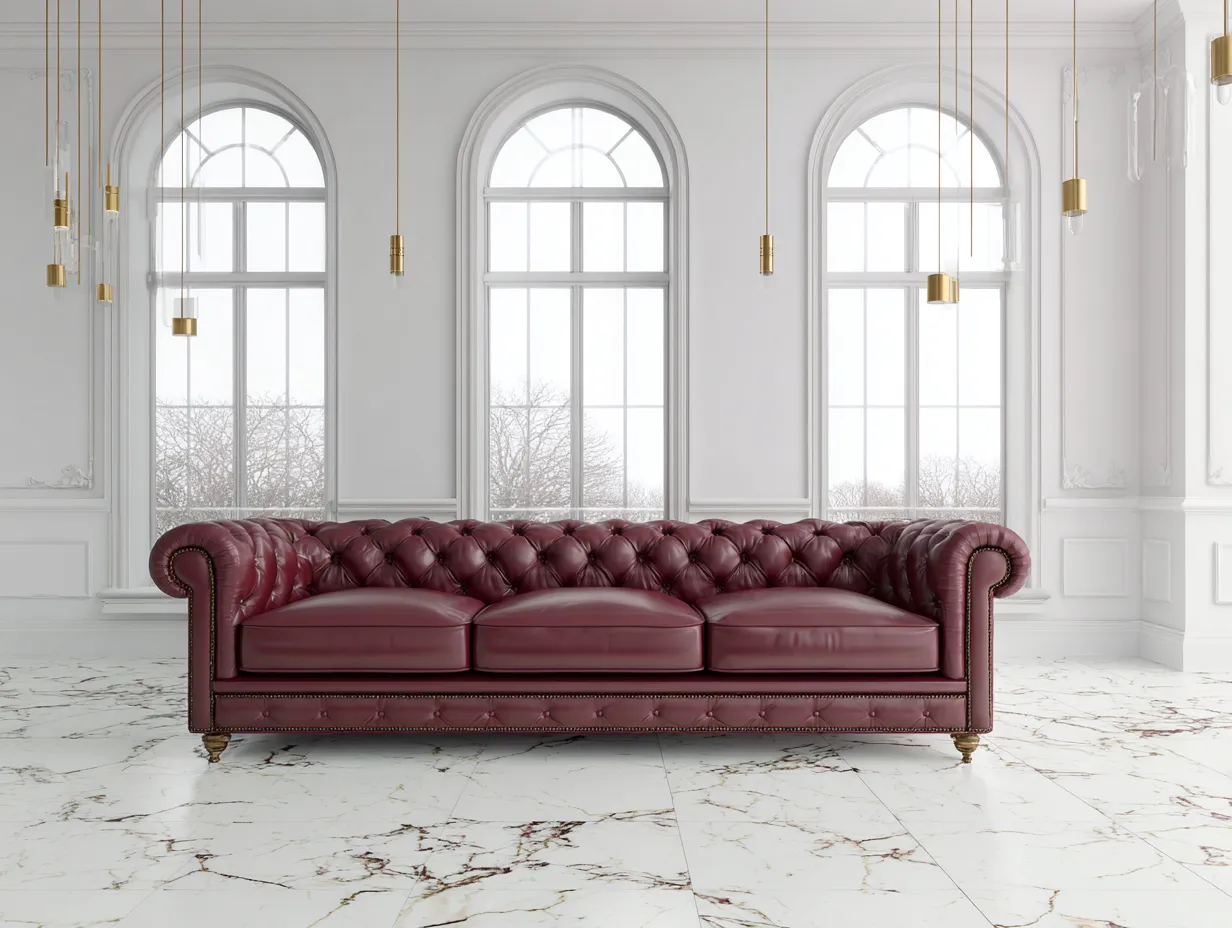 Sofá 3 plazas en cuero auténtico 230x95x80 cm - burdeos - para sala de estar - estilo clásico-Dwellingare