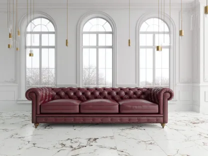 Sofá 3 plazas en cuero auténtico 230x95x80 cm - burdeos - para sala de estar - estilo clásico-Dwellingare
