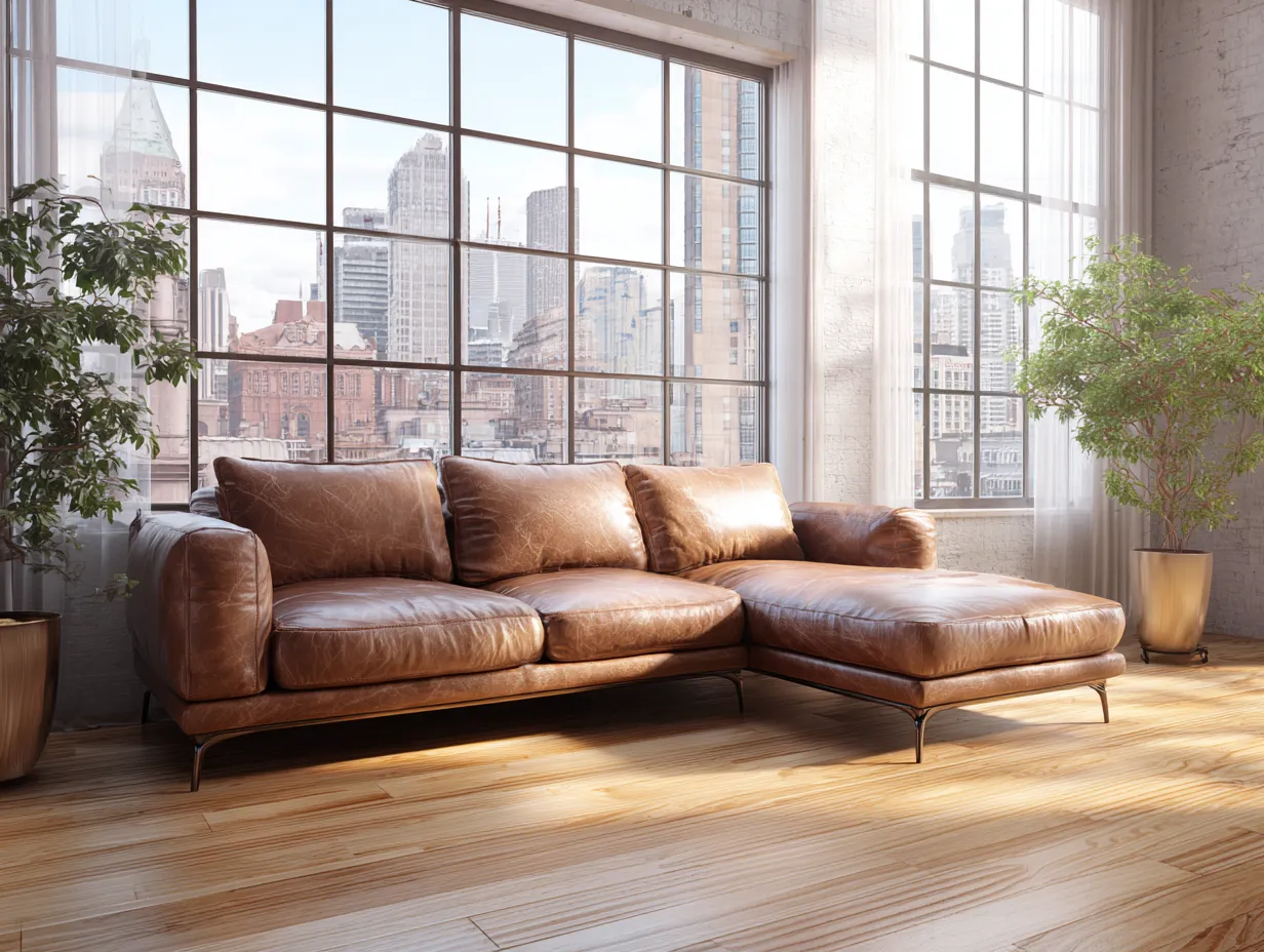 Sofá rinconera en cuero auténtico 300x180x85 cm - marrón - para sala de estar - diseño moderno-Dwellingare