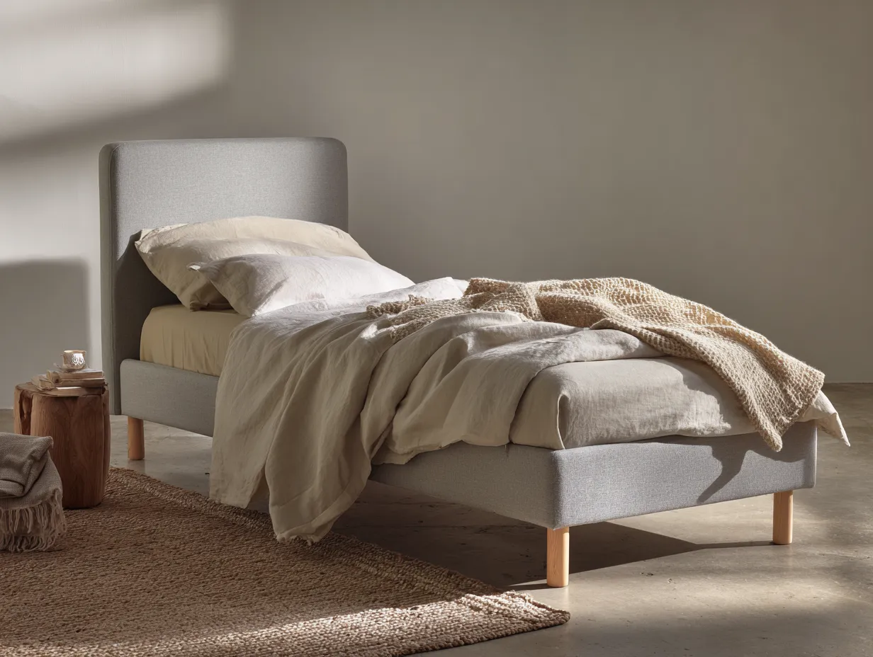 Cama individual tapizada 200x90x100 cm - gris claro - adecuada para dormitorio - diseño minimalista-Dwellingare