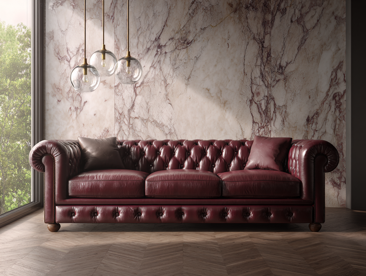 Sofá de 3 plazas tapizado en piel sintética 235x95x78 cm - burdeos - adecuado para salón - estilo clásico Chesterfield-Dwellingare