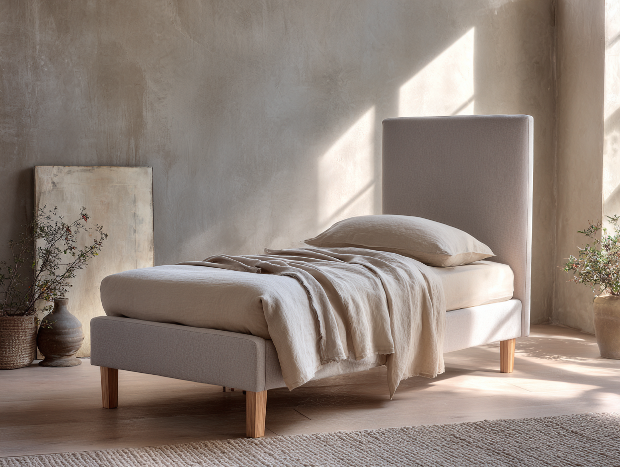 Cama individual tapizada en tela 200x90x100 cm - beige - adecuada para dormitorio - diseño moderno-Dwellingare