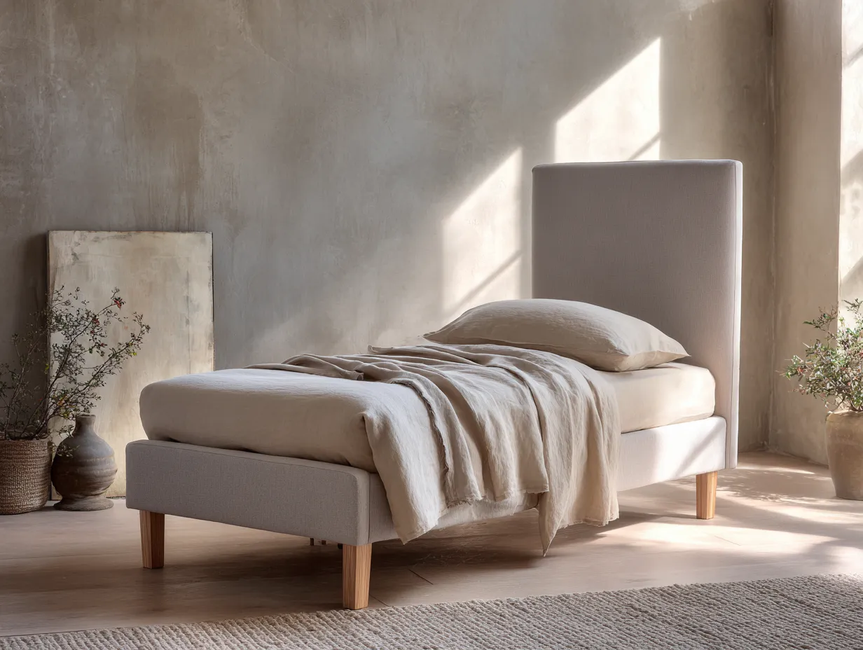 Cama individual tapizada en tela 200x90x100 cm - beige - adecuada para dormitorio - diseño moderno-Dwellingare