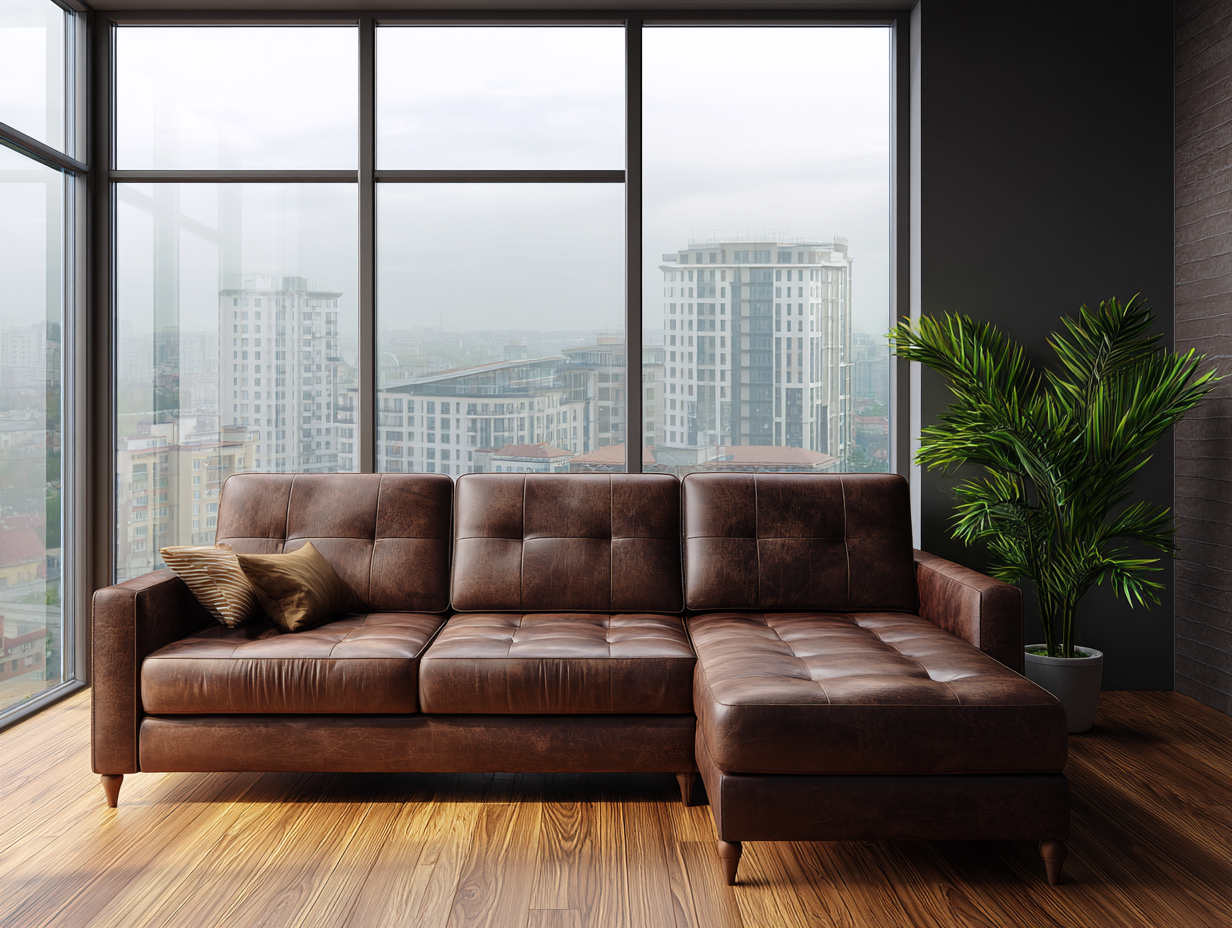 Sofá rinconera tapizado en piel sintética 250x135x85 cm - marrón - adecuado para salón - diseño moderno-Dwellingare