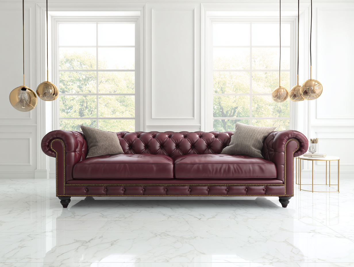 Sofá de 3 plazas tapizado en piel sintética 225x95x80 cm - burdeos - adecuado para salón - estilo clásico Chesterfield-Dwellingare