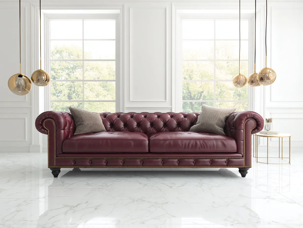 Sofá de 3 plazas tapizado en piel sintética 225x95x80 cm - burdeos - adecuado para salón - estilo clásico Chesterfield-Dwellingare