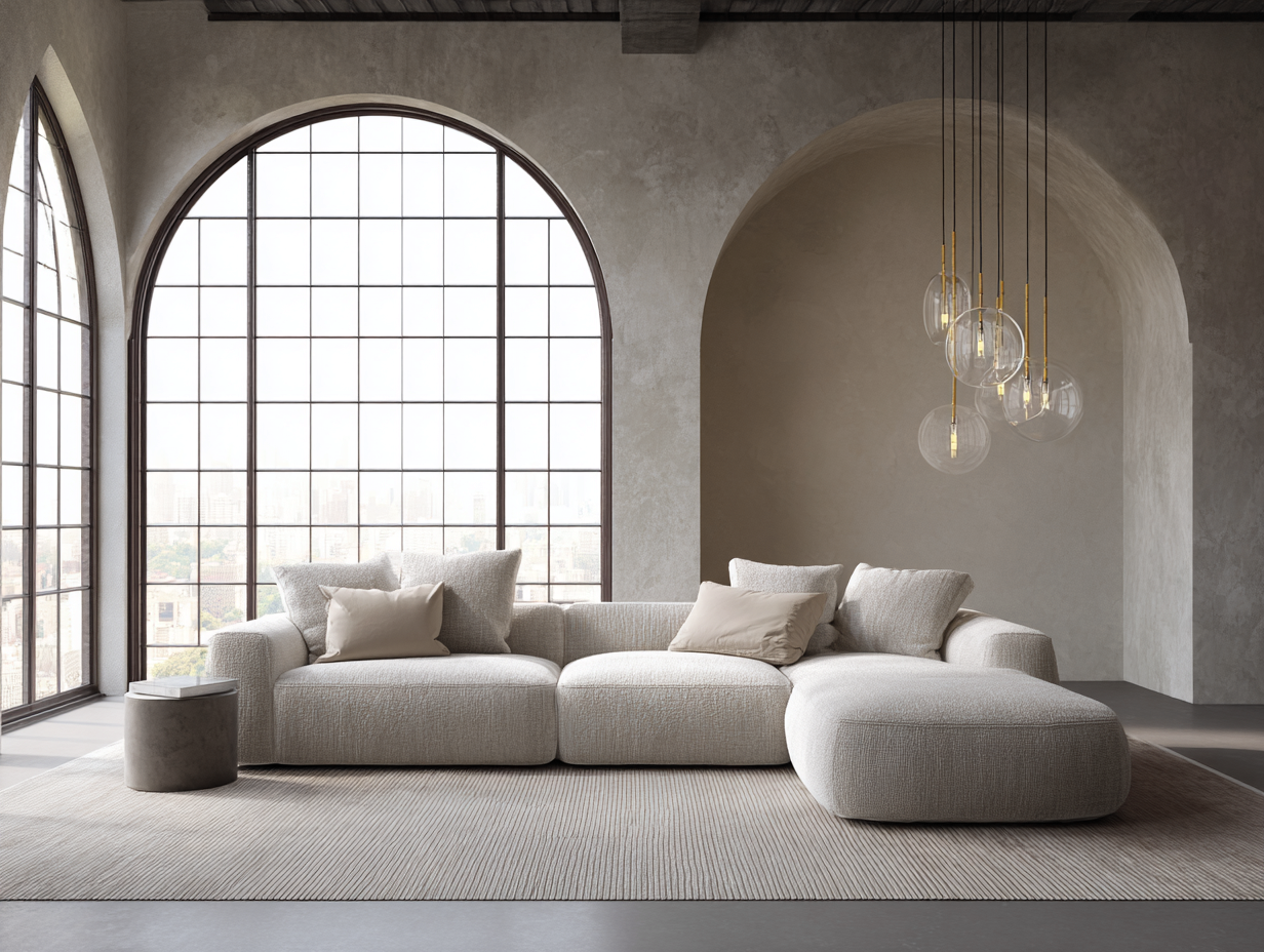 Sofá rinconera en tela 320x185x85 cm - beige - para sala de estar - diseño moderno-Dwellingare