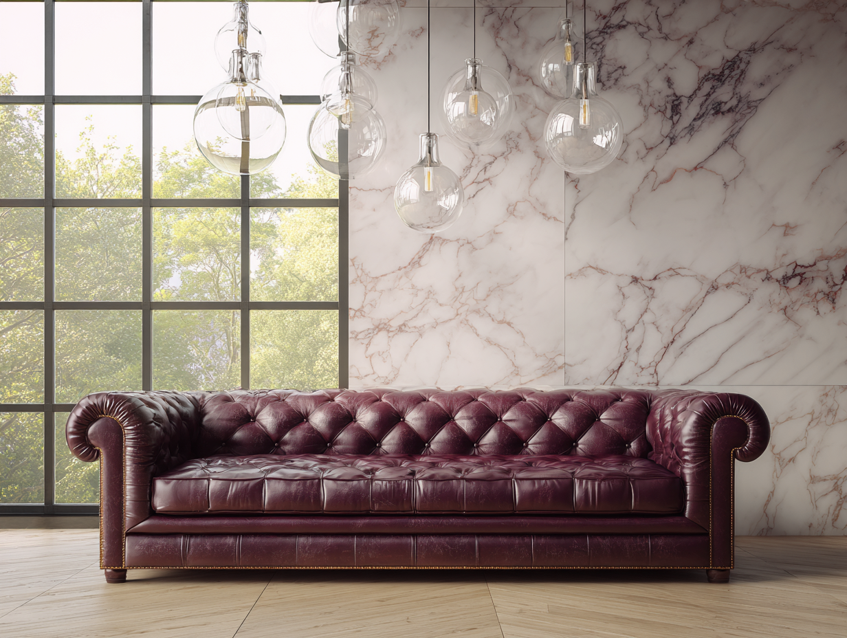 Sofá de 3 plazas tapizado en piel sintética 235x95x78 cm - burdeos - adecuado para salón - estilo clásico Chesterfield-Dwellingare