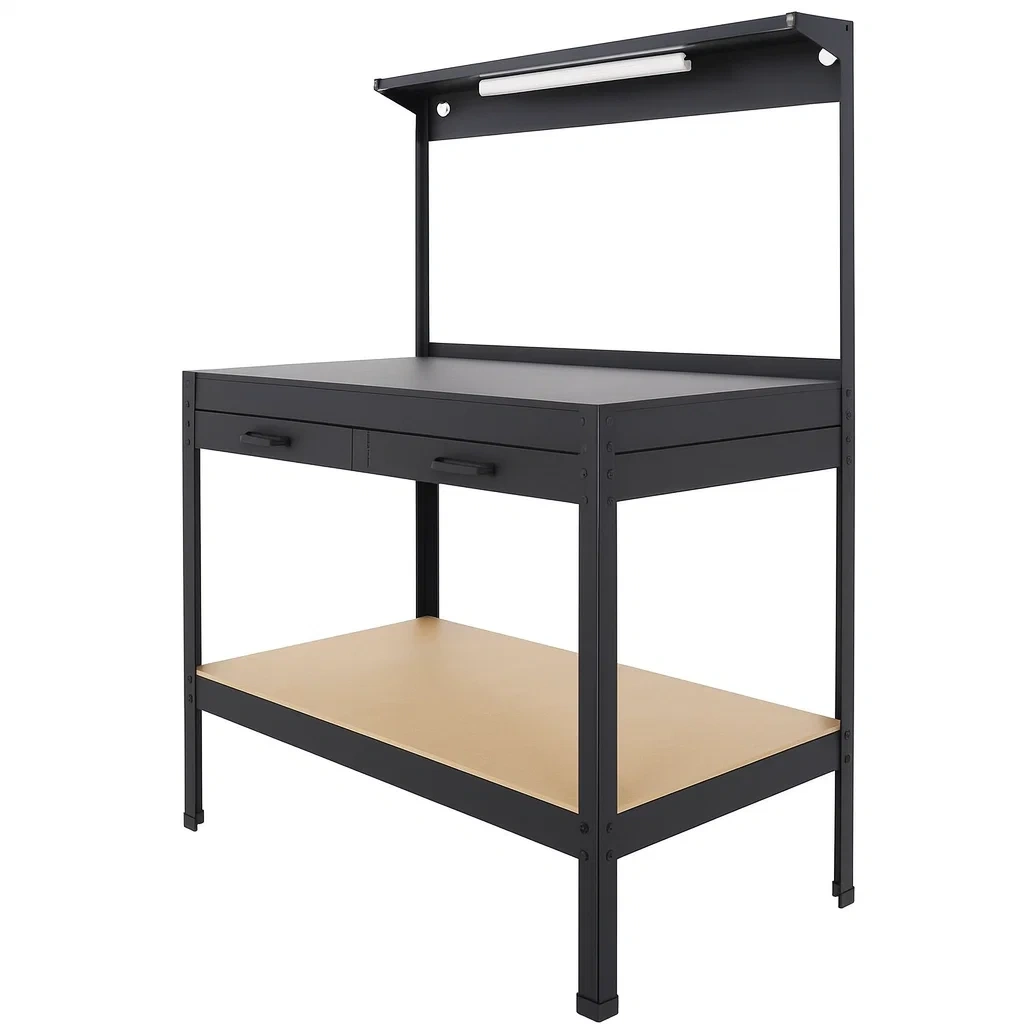 Banco da lavoro in Acciaio Nero con Mensola e Luce LED-FURNPALO