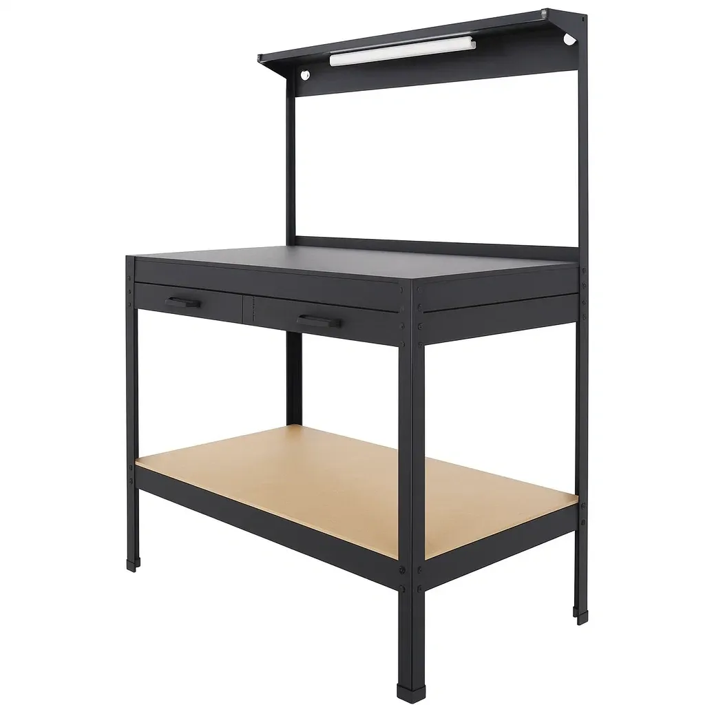 Banco da lavoro in Acciaio Nero con Mensola e Luce LED-FURNPALO