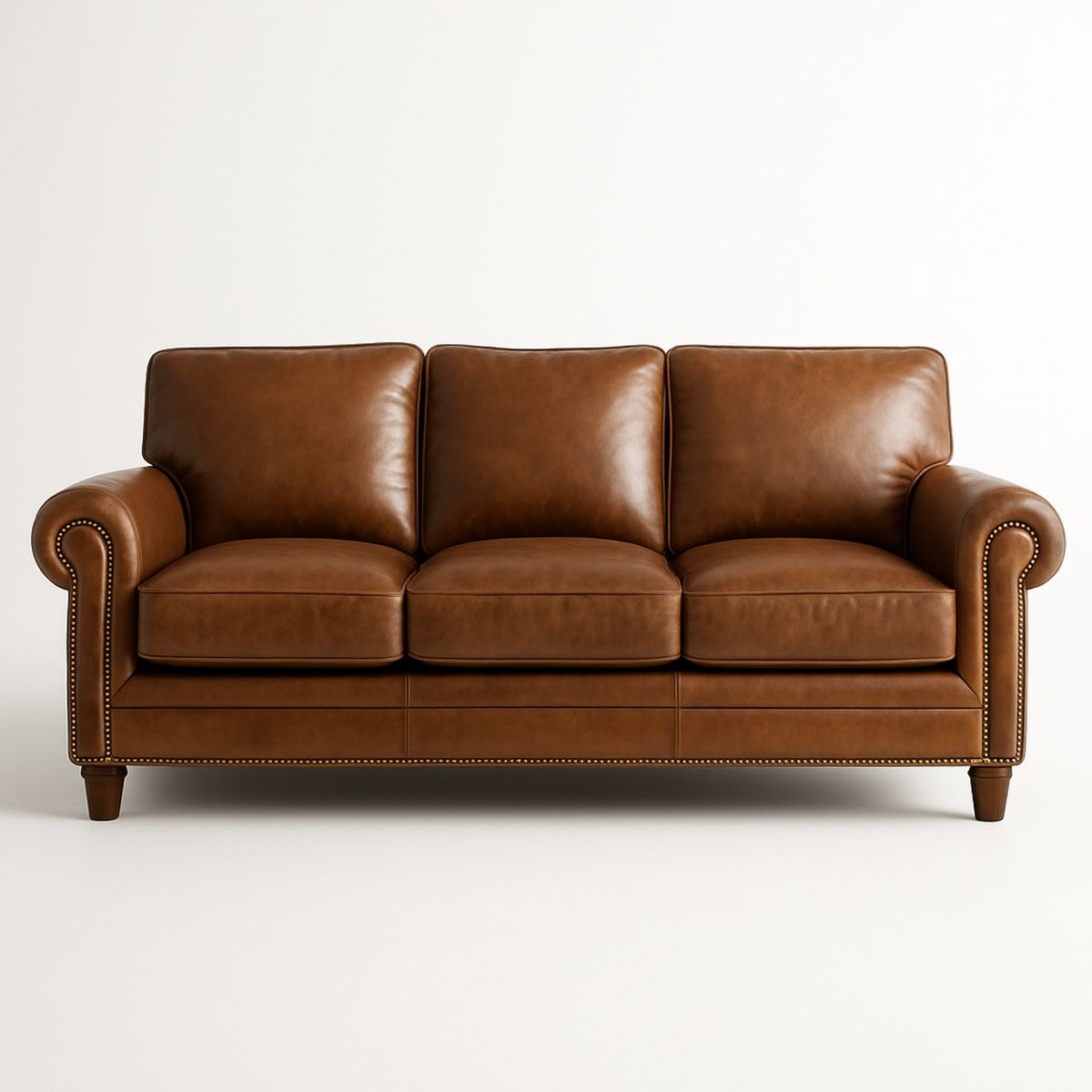Brown Leather Three-Seater Sofa with Rolled Arms-Jurilento