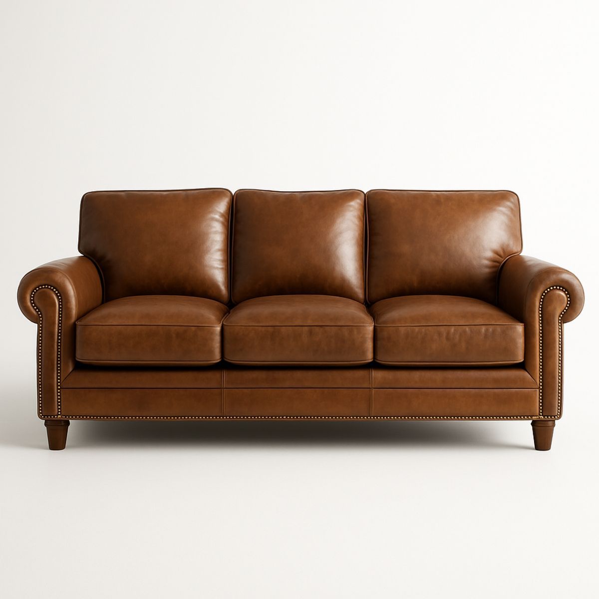 Brown Leather Three-Seater Sofa with Rolled Arms-Jurilento
