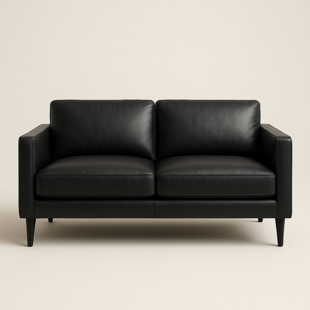 Black Leather Two-Seater Sofa with Solid Wood Frame-Jurilento