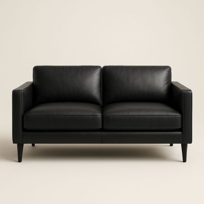 Black Leather Two-Seater Sofa with Solid Wood Frame-Jurilento