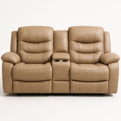 PU Leather Recliner Sofa with Cup Holders Dual Seat in Camel Brown-Jurilento