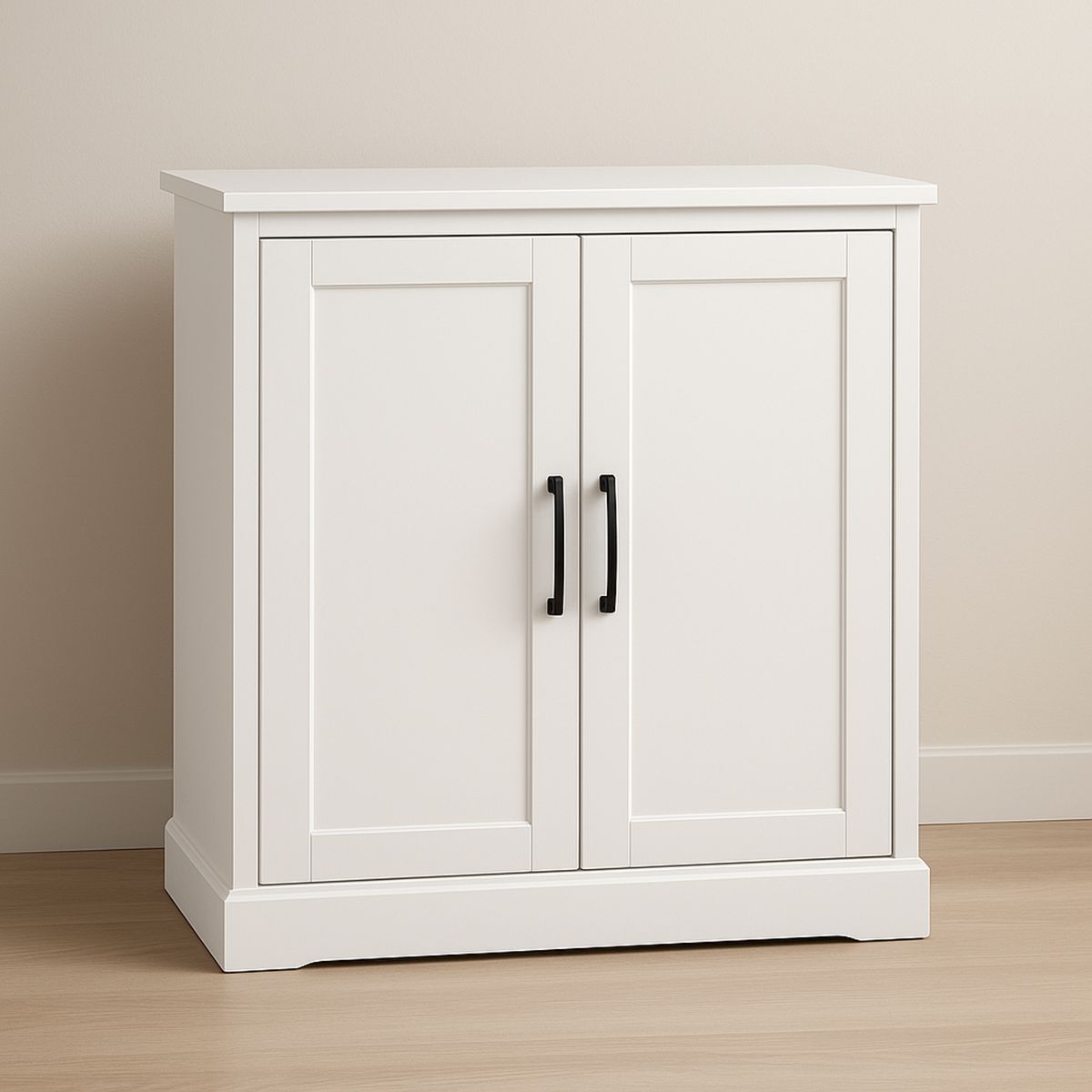 White MDF Storage Cabinet with Two Doors and Black Handles-Jurilento