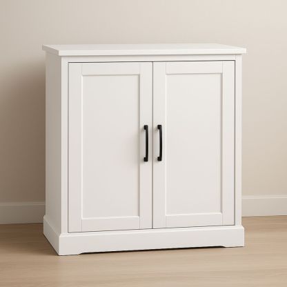 White MDF Storage Cabinet with Two Doors and Black Handles-Jurilento