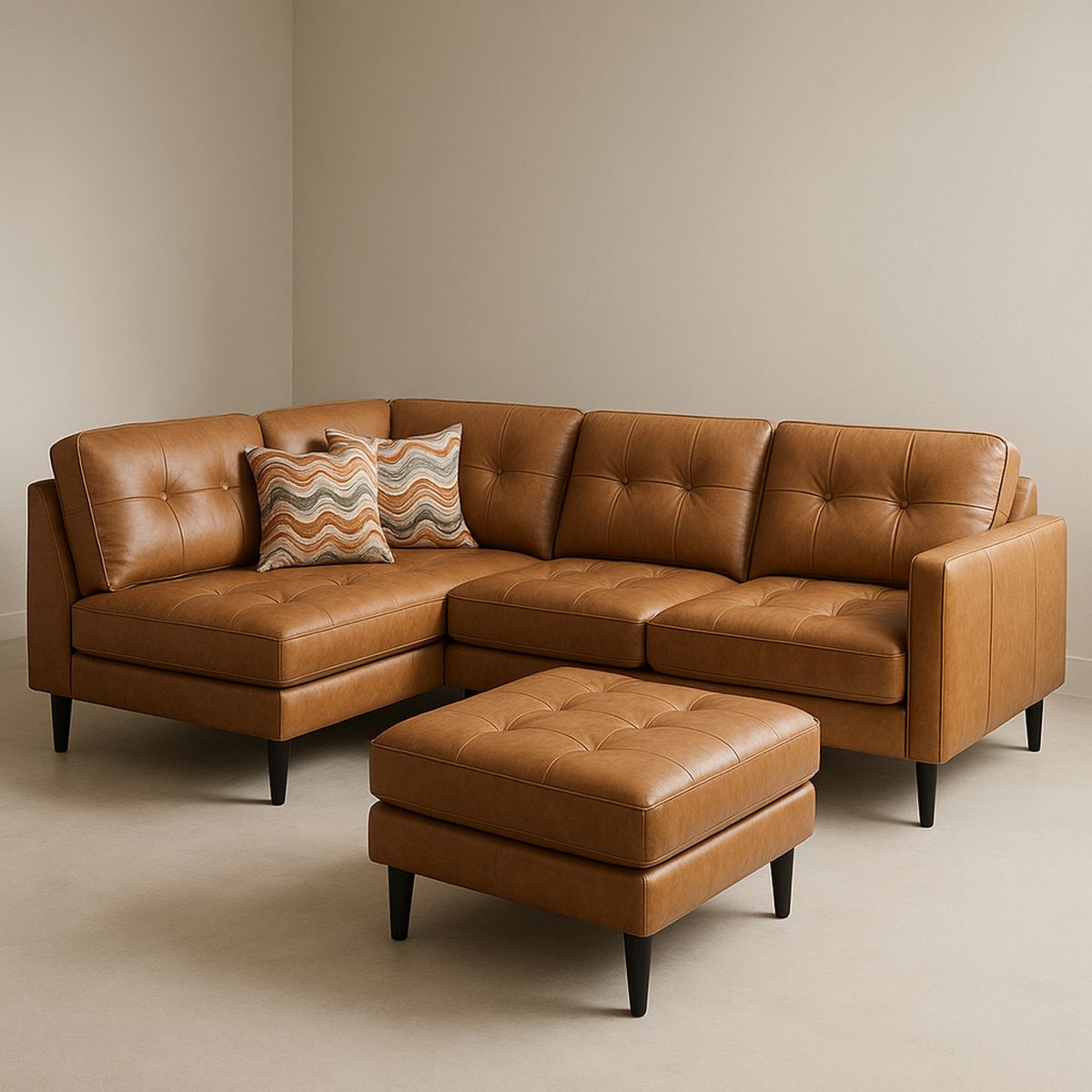 Brown L Shaped Faux Leather Sectional Sofa 285cm with Ottoman-Jurilento