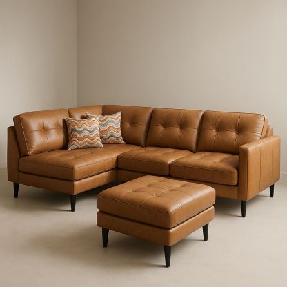 Brown L Shaped Faux Leather Sectional Sofa 285cm with Ottoman-Jurilento